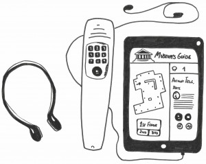 Dispositivos empleados para la difusión de los contenidos de una audioguía. Ilustración realizada por Almudena López Molina. Extraída del texto reseñado