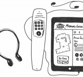 Dispositivos empleados para la difusión de los contenidos de una audioguía. Ilustración realizada por Almudena López Molina. Extraída del texto reseñado